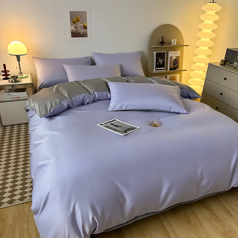 Ice Silk Four-piece Bed Sheet for Student Dormitory Summer Bed Cover Light Luxury Simple Quilt Cover High-grade Bedding 2m Quilt Cover for Hair