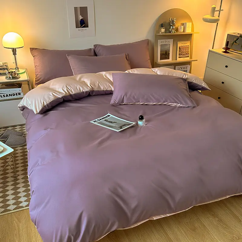 Ice Silk Four-piece Bed Sheet for Student Dormitory Summer Bed Cover Light Luxury Simple Quilt Cover High-grade Bedding 2m Quilt Cover for Hair