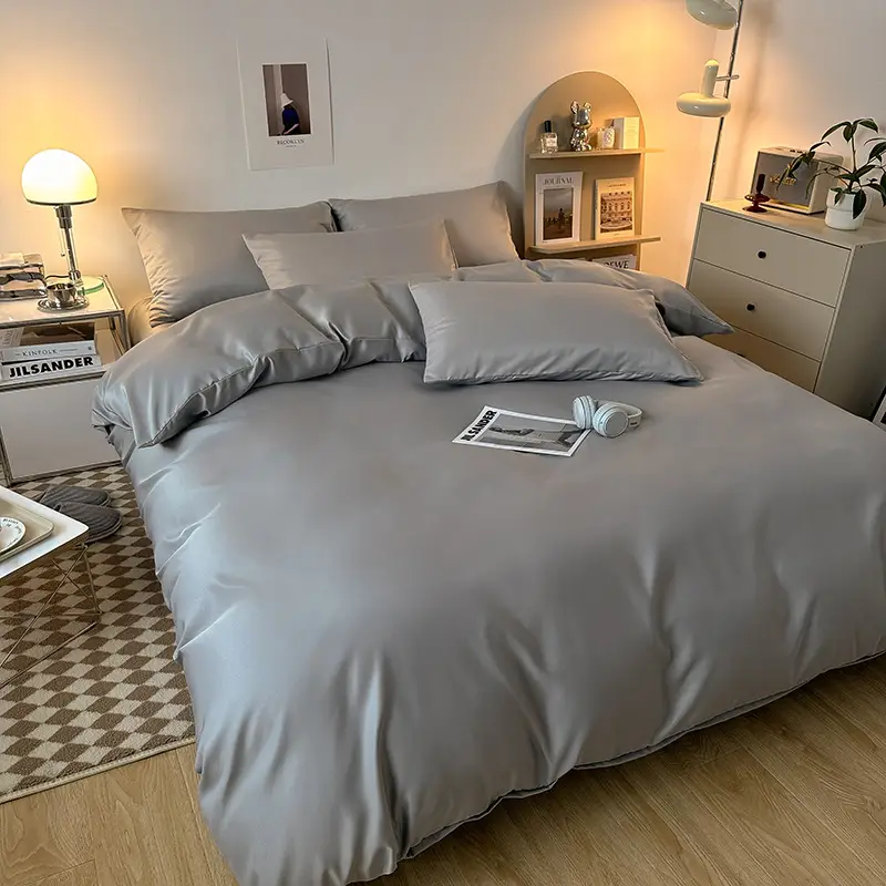 Ice Silk Four-piece Bed Sheet for Student Dormitory Summer Bed Cover Light Luxury Simple Quilt Cover High-grade Bedding 2m Quilt Cover for Hair