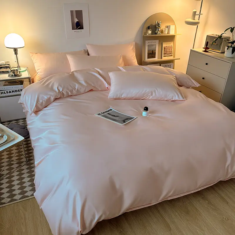 Ice Silk Four-piece Bed Sheet for Student Dormitory Summer Bed Cover Light Luxury Simple Quilt Cover High-grade Bedding 2m Quilt Cover for Hair