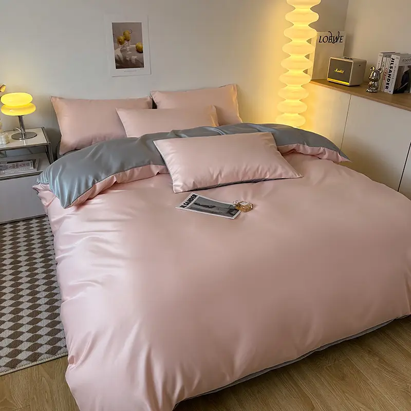 Ice Silk Four-piece Bed Sheet for Student Dormitory Summer Bed Cover Light Luxury Simple Quilt Cover High-grade Bedding 2m Quilt Cover for Hair