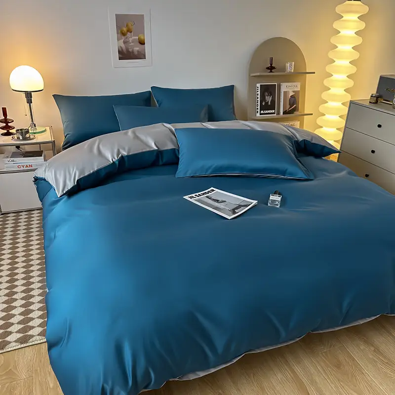 Ice Silk Four-piece Bed Sheet for Student Dormitory Summer Bed Cover Light Luxury Simple Quilt Cover High-grade Bedding 2m Quilt Cover for Hair