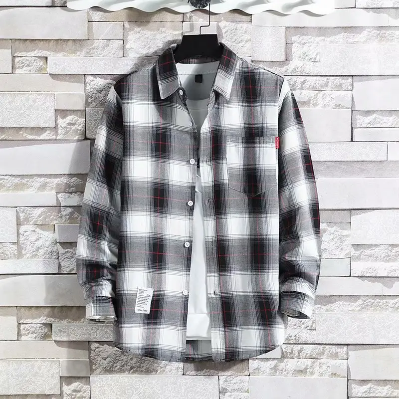 Men's Plaid Long Sleeve Shirt Black Gray Plus Size — feature 18