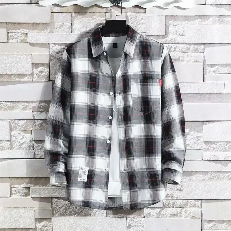 Men's Plaid Long Sleeve Shirt Black Gray Plus Size - Image 113