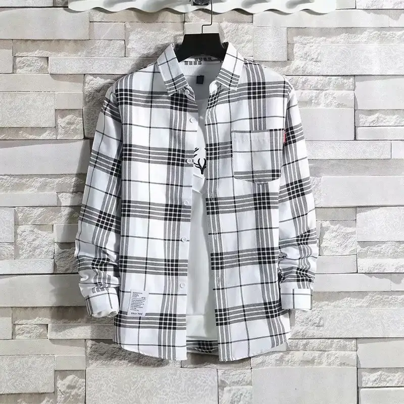 Men's Plaid Long Sleeve Shirt Black Gray Plus Size - Image 129