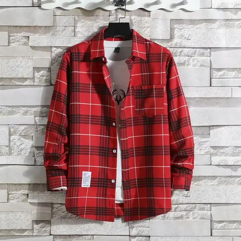 Men's Plaid Long Sleeve Shirt Black Gray Plus Size - Image 148