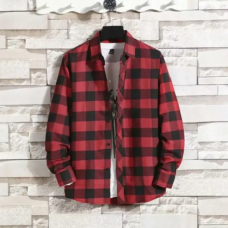 Men's Plaid Long Sleeve Shirt Black Gray Plus Size - Image 154