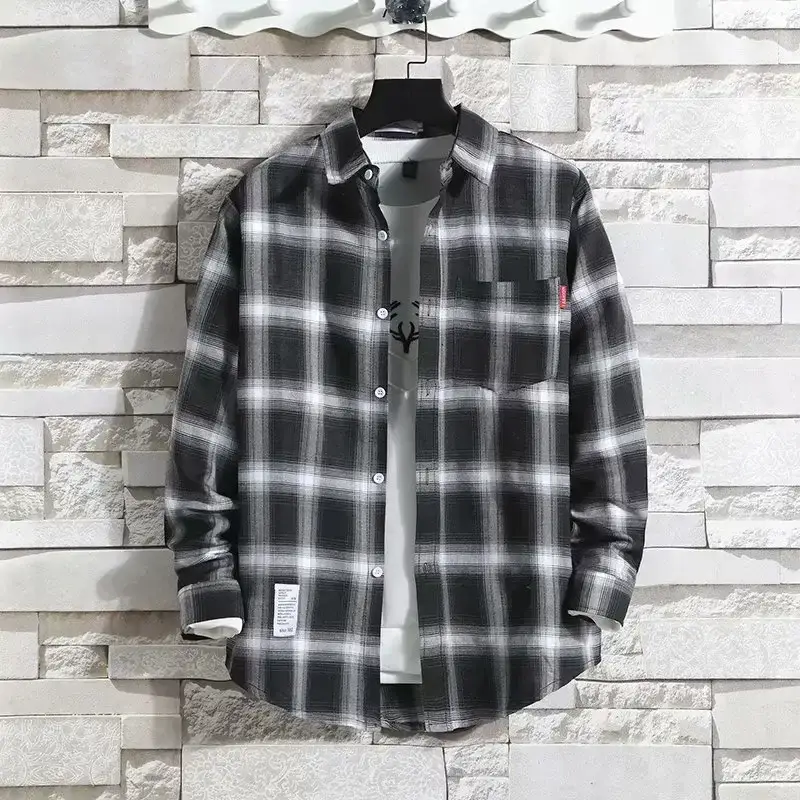 Men's Plaid Long Sleeve Shirt Black Gray Plus Size - Image 37