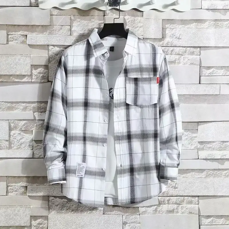 Men's Plaid Long Sleeve Shirt Black Gray Plus Size - Image 47