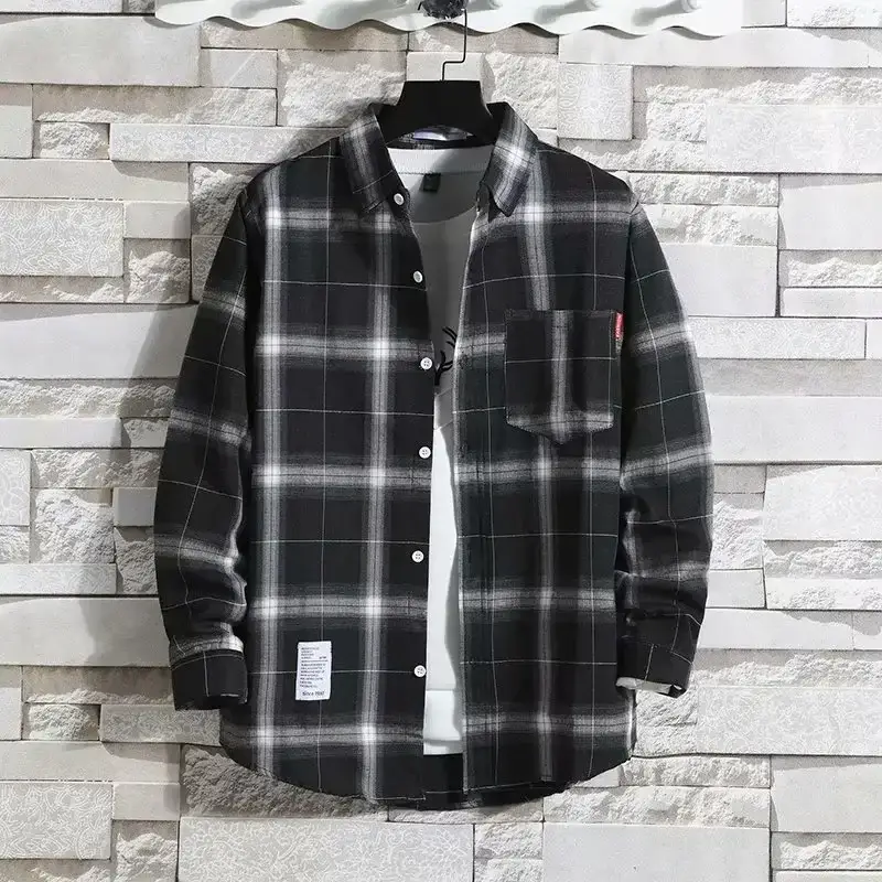 Men's Plaid Long Sleeve Shirt Black Gray Plus Size - Image 58