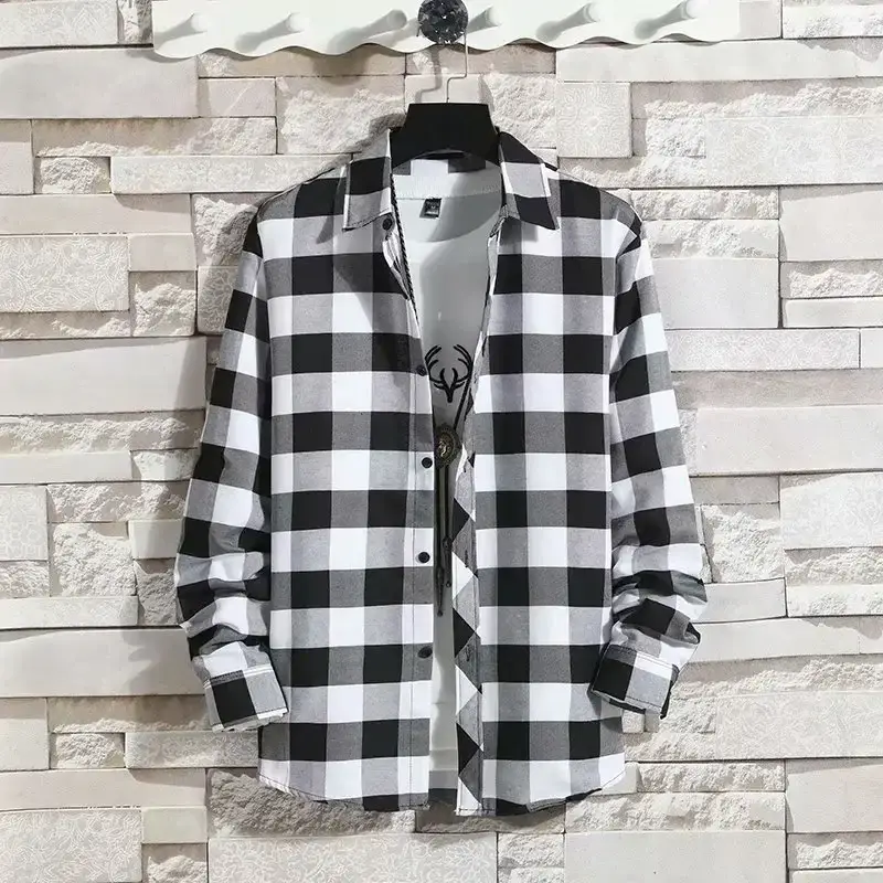 Men's Plaid Long Sleeve Shirt Black Gray Plus Size - Image 8
