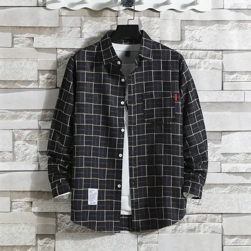 Men's Plaid Long Sleeve Shirt Black Gray Plus Size - Image 84