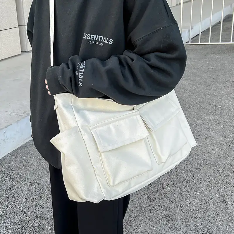 Women's Black Canvas Crossbody Bag with 5 Pockets