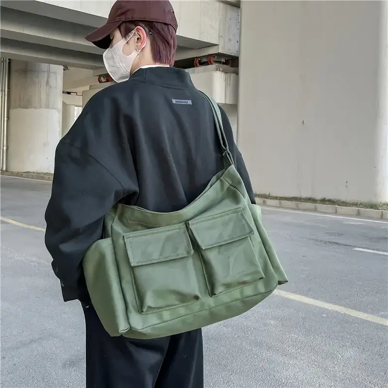 Women's Black Canvas Crossbody Bag with 5 Pockets