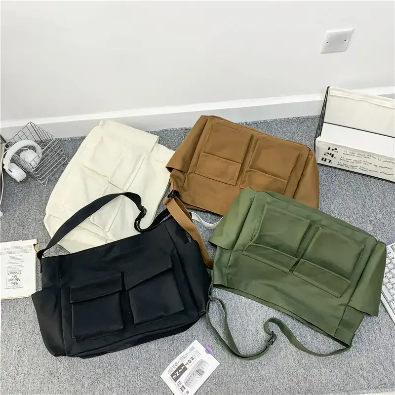 Women's Black Canvas Crossbody Bag with 5 Pockets