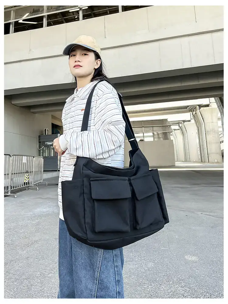 Women's Black Canvas Crossbody Bag with 5 Pockets — feature 10