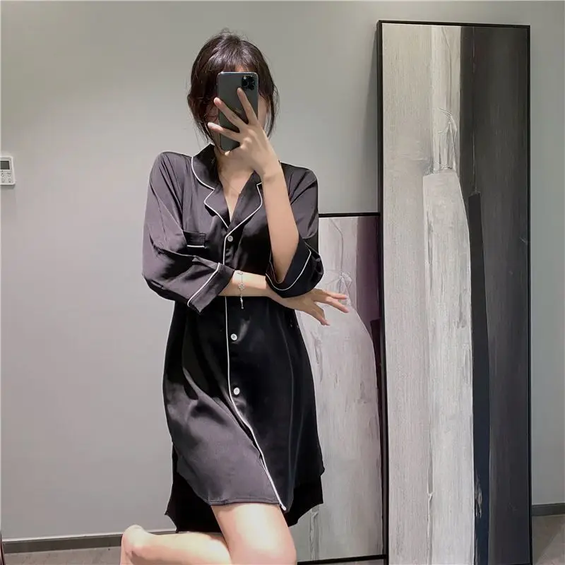Nightgown Women's Ice Silk Summer Pajamas Women's Sexy Pajamas Shirt Nightgown Silk Home Clothes Spring and Autumn Dress Thin — feature 12