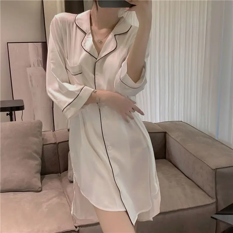 Nightgown Women's Ice Silk Summer Pajamas Women's Sexy Pajamas Shirt Nightgown Silk Home Clothes Spring and Autumn Dress Thin — feature 3