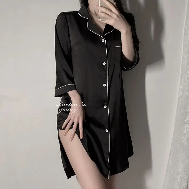 Nightgown Women's Ice Silk Summer Pajamas Women's Sexy Pajamas Shirt Nightgown Silk Home Clothes Spring and Autumn Dress Thin — feature 7