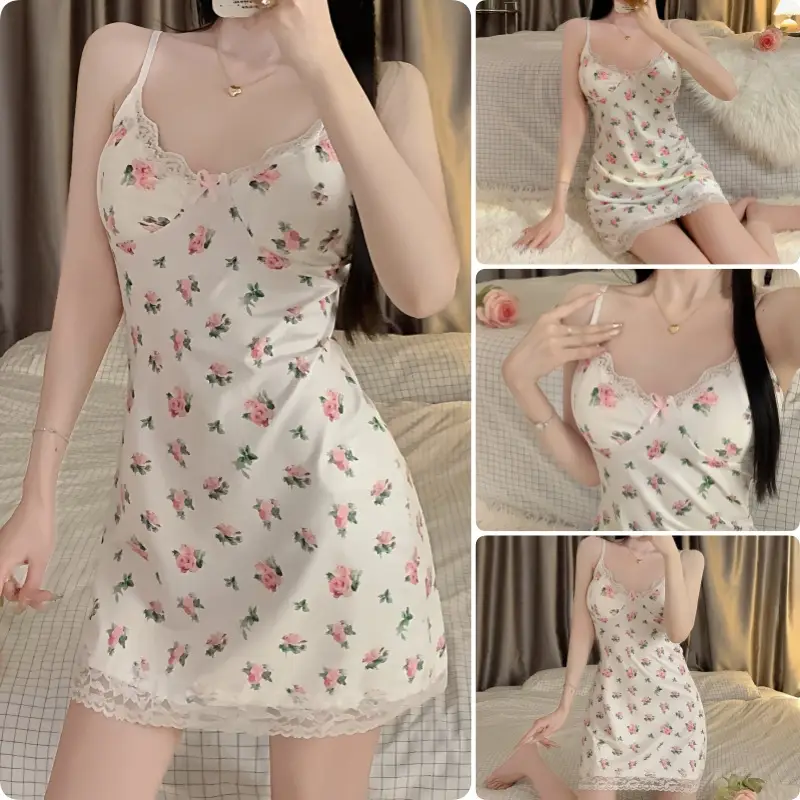 Nightgown Women's Ice Silk Summer Pajamas Women's Sexy Pajamas Shirt Nightgown Silk Home Clothes Spring and Autumn Dress Thin