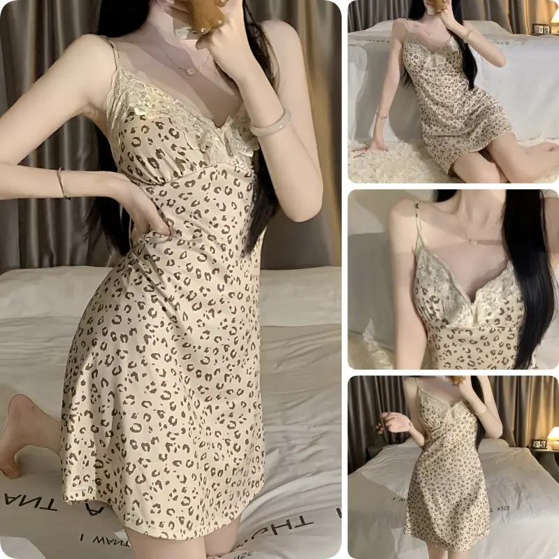 Nightgown Women's Ice Silk Summer Pajamas Women's Sexy Pajamas Shirt Nightgown Silk Home Clothes Spring and Autumn Dress Thin