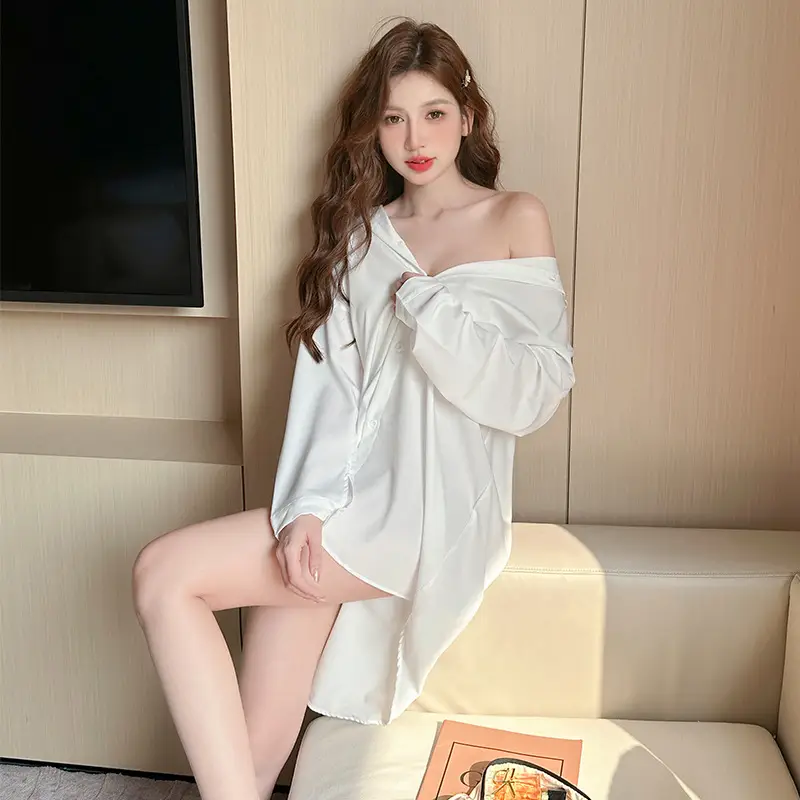 Nightgown Women's Ice Silk Summer Pajamas Women's Sexy Pajamas Shirt Nightgown Silk Home Clothes Spring and Autumn Dress Thin