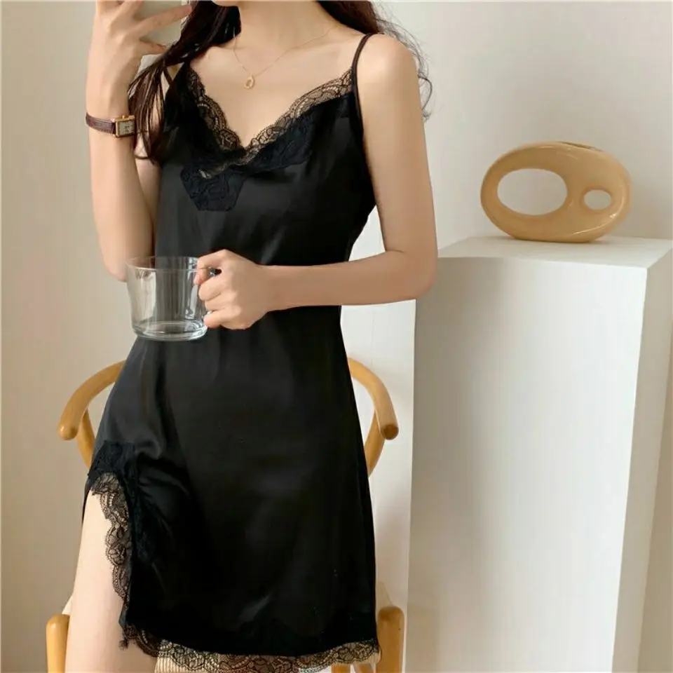 Nightgown Women's Ice Silk Summer Pajamas Women's Sexy Pajamas Shirt Nightgown Silk Home Clothes Spring and Autumn Dress Thin