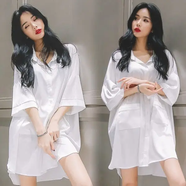 Nightgown Women's Ice Silk Summer Pajamas Women's Sexy Pajamas Shirt Nightgown Silk Home Clothes Spring and Autumn Dress Thin