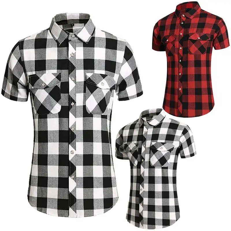 Men Plaid Short Sleeve Shirt Double Pocket Plus Size - Image 11