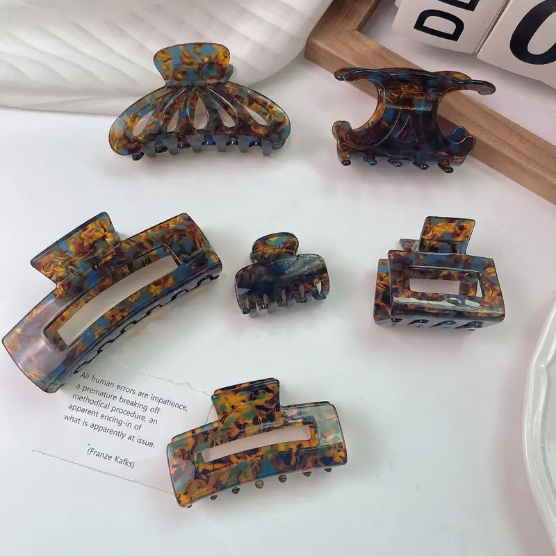 French Retro Acetic Acid Hairpin Clips Amber Blue Large Hollow Grab Clip — feature 4