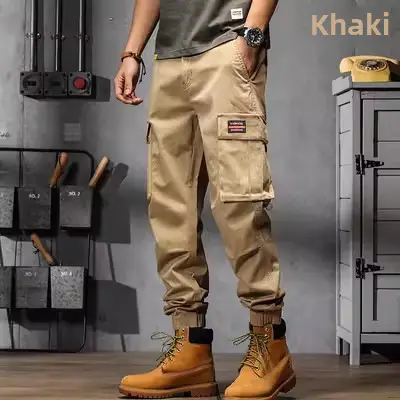 Men's American Style Retro Work Pants Grey Wide Leg Casual - Image 11
