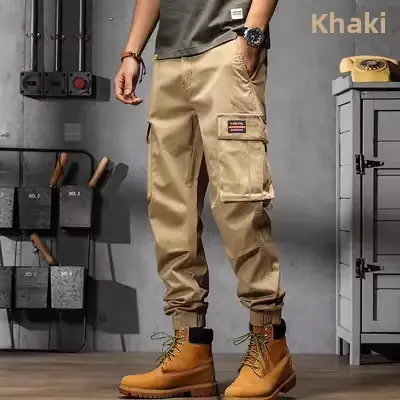 Men's American Style Retro Work Pants Grey Wide Leg Casual - Image 8