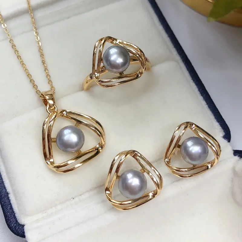Gold Pearl Geometric Necklace Set for Women - Image 5