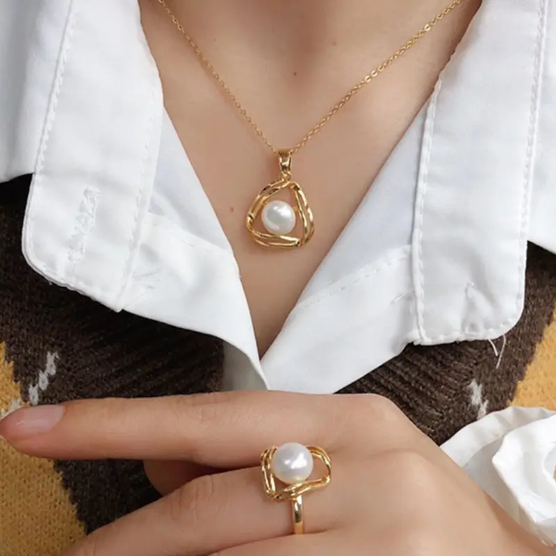 Gold Pearl Geometric Necklace Set for Women - Image 6