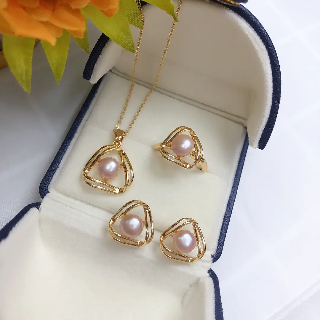 Gold Pearl Geometric Necklace Set for Women - Image 2