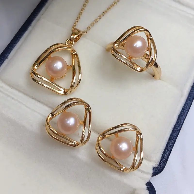 Gold Pearl Geometric Necklace Set for Women - Image 3