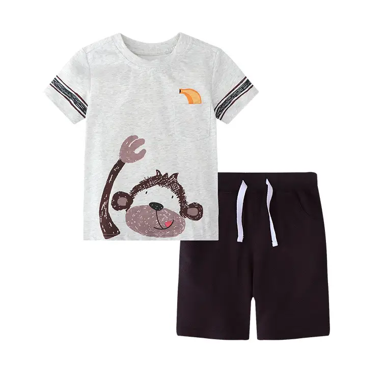 Summer Boys Cotton T-Shirt Shorts Set with Bear Print
