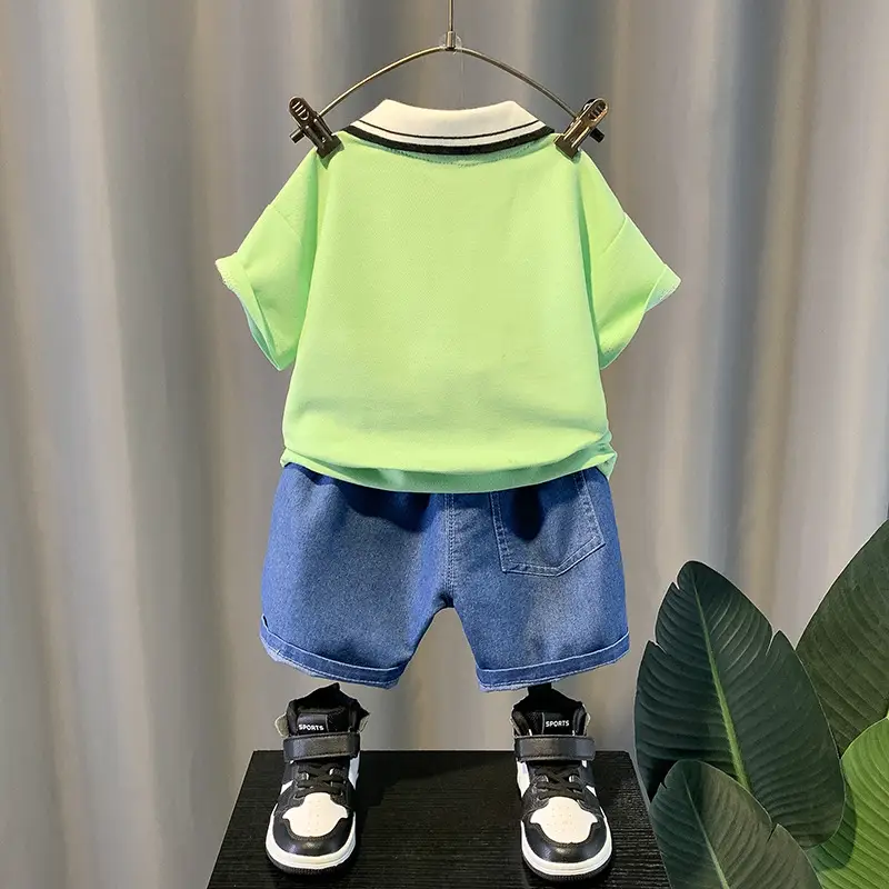 Summer Boys Green T-Shirt Blue Denim Shorts Set - Image 3