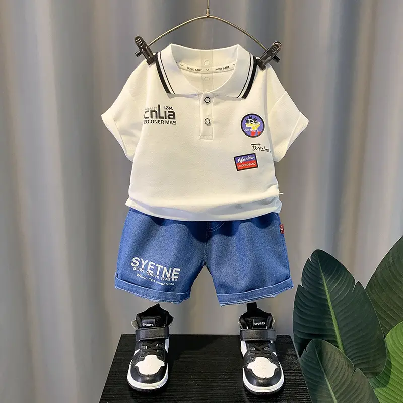 Summer Boys Green T-Shirt Blue Denim Shorts Set - Image 2