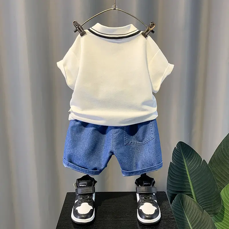 Summer Boys Green T-Shirt Blue Denim Shorts Set - Image 4
