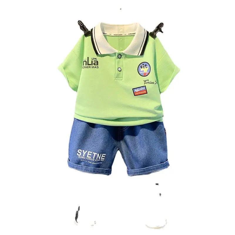 Summer Boys Green T-Shirt Blue Denim Shorts Set - Image 5