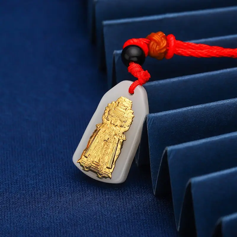 Gold Inlaid Jade Mazu Empress Pendant 999 Gold White