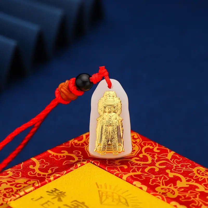 Gold Inlaid Jade Mazu Empress Pendant 999 Gold White