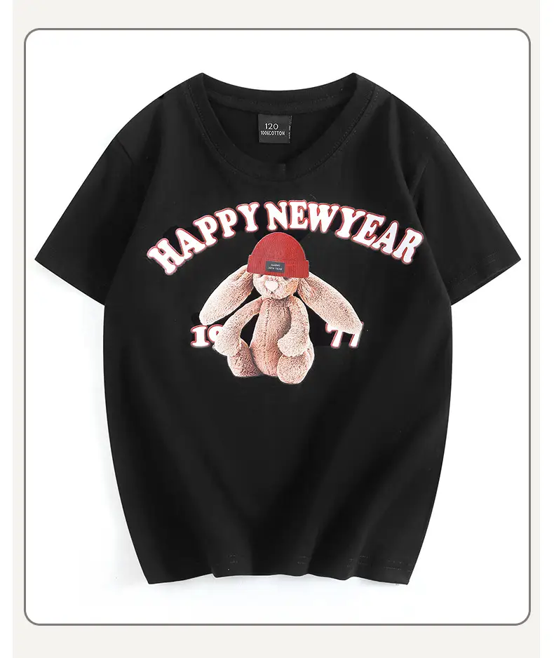 Girls Happy New Year T-Shirt Black Round Neck Short Sleeve — feature 40