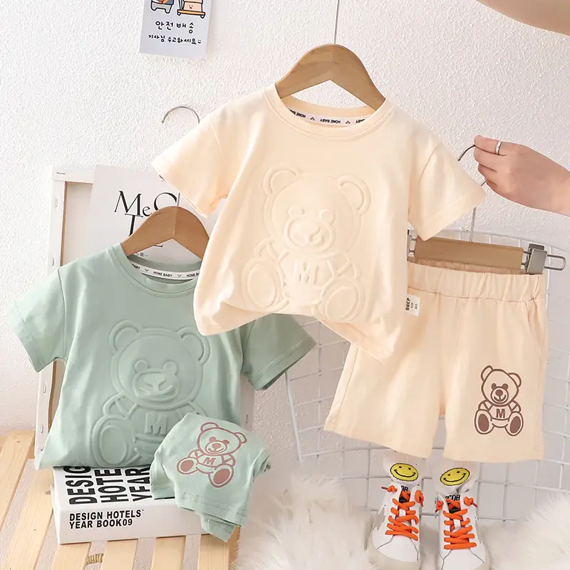 Children Cotton T-Shirt Shorts Suit Beige Baby Summer - Image 3
