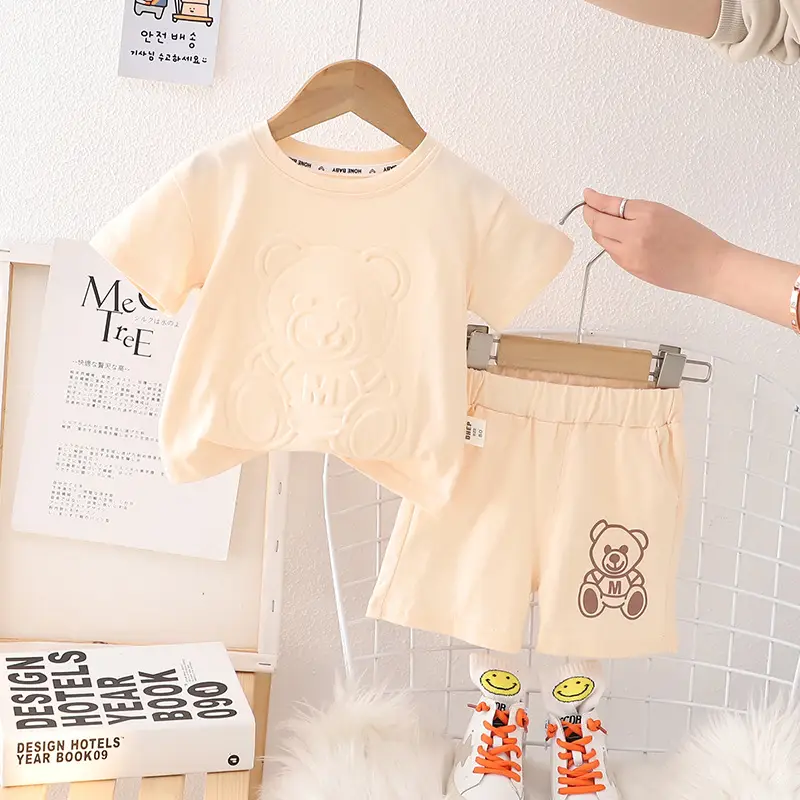 Children Cotton T-Shirt Shorts Suit Beige Baby Summer - Image 5