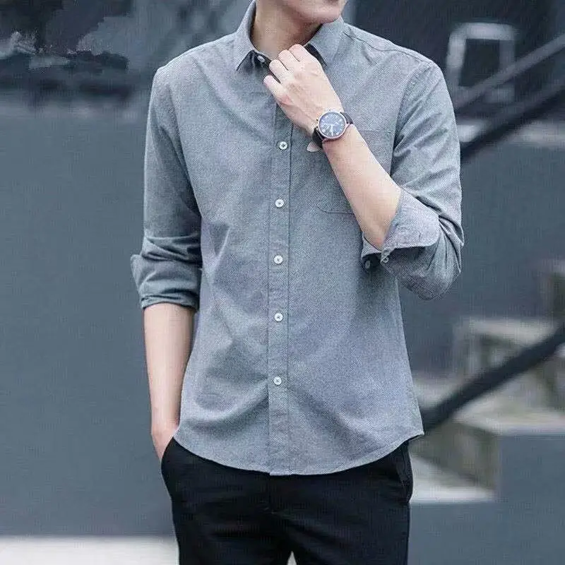 Men Slim Fit Long Sleeve Shirt Grey Winter - Image 7