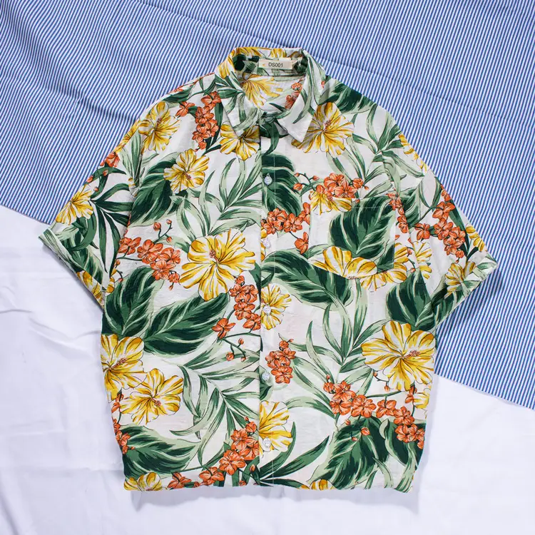 New Men's Beach Shirt Short Sleeve Coconut Print Yellow - Image 15