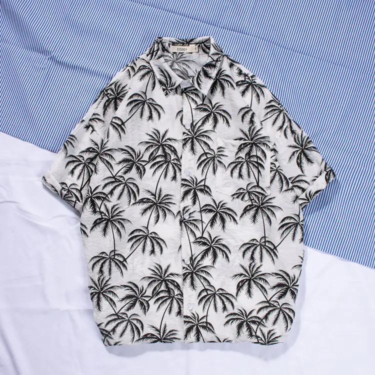 New Men's Beach Shirt Short Sleeve Coconut Print Yellow - Image 11