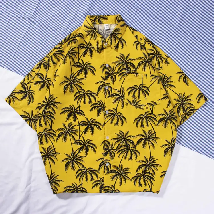 New Men's Beach Shirt Short Sleeve Coconut Print Yellow - Image 12